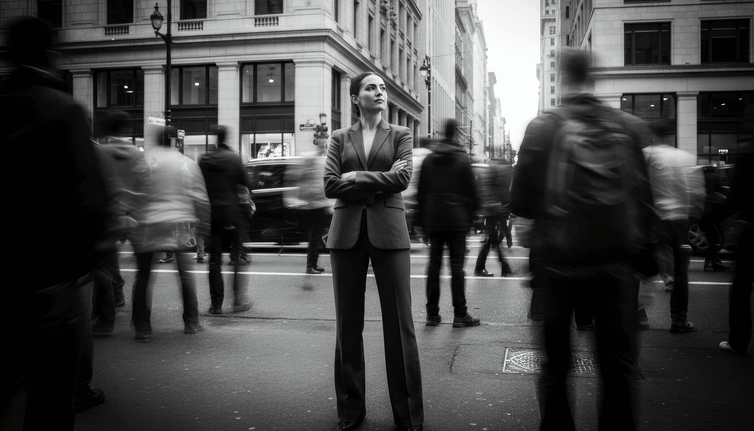 Una mujer observa en paz cómo el mundo se acelera a su alrededor.